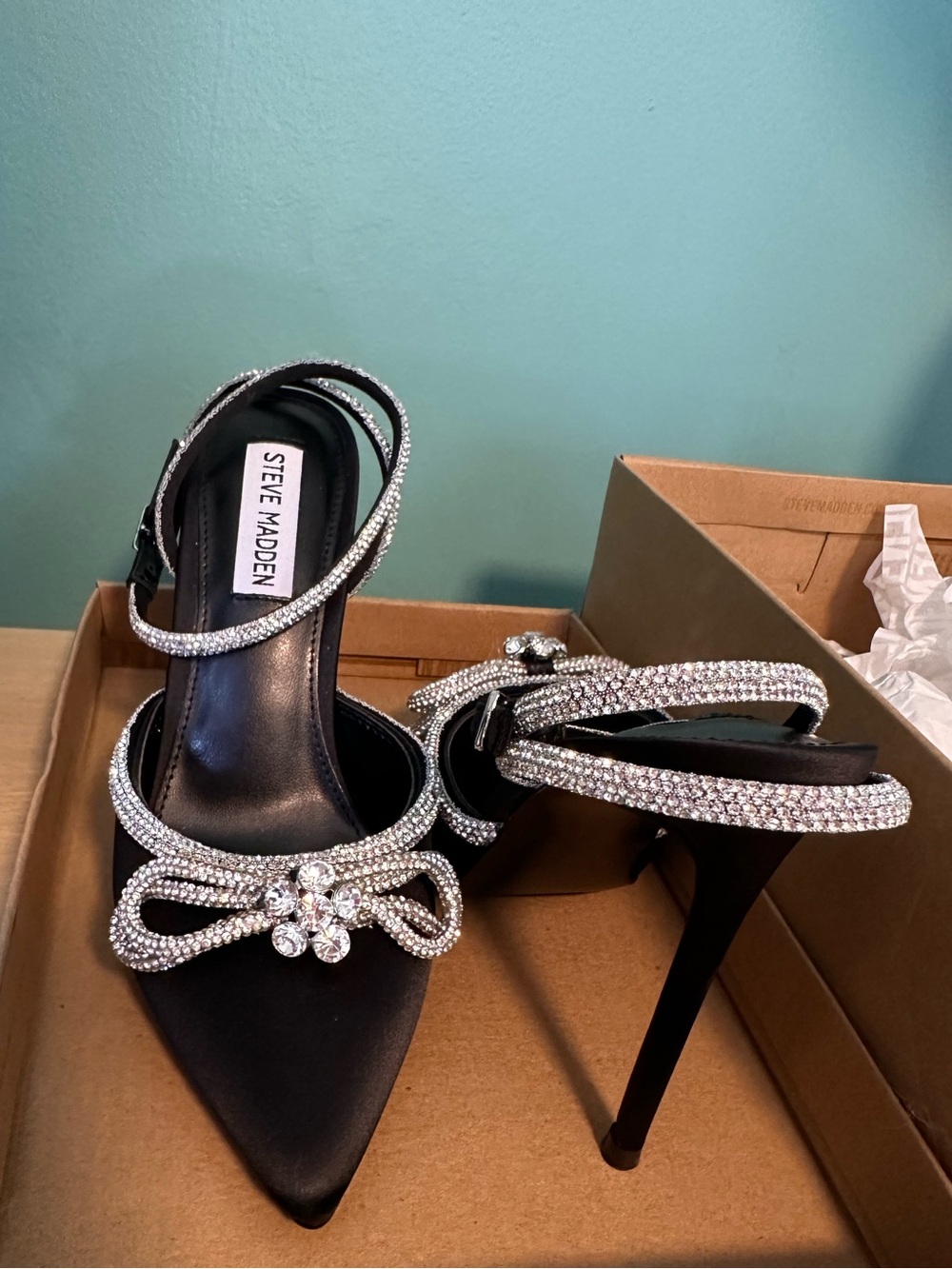 Steve Madden Black Crystal-Strap Pointed Stiletto Heels